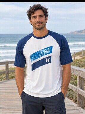 Hurley Mens XXL Rash Guard Shirt Blue White Raglan Short Sleeve Surf Graphic